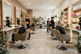 Intérieur d'un salon de coiffure moderne dans le Val-d'Oise avec plusieurs postes de coiffage et stylistes au travail