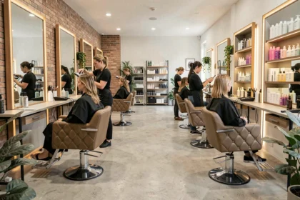 Intérieur d'un salon de coiffure moderne dans le Val-d'Oise avec plusieurs postes de coiffage et stylistes au travail