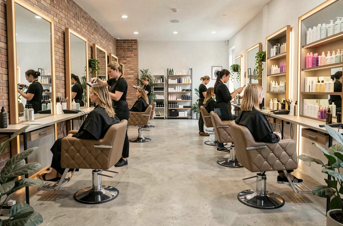 Intérieur d'un salon de coiffure moderne dans le Val-d'Oise avec plusieurs postes de coiffage et stylistes au travail