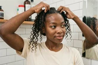 Femme aux cheveux bouclés naturels qui étire une boucle pour mesurer la pousse mensuelle des cheveux