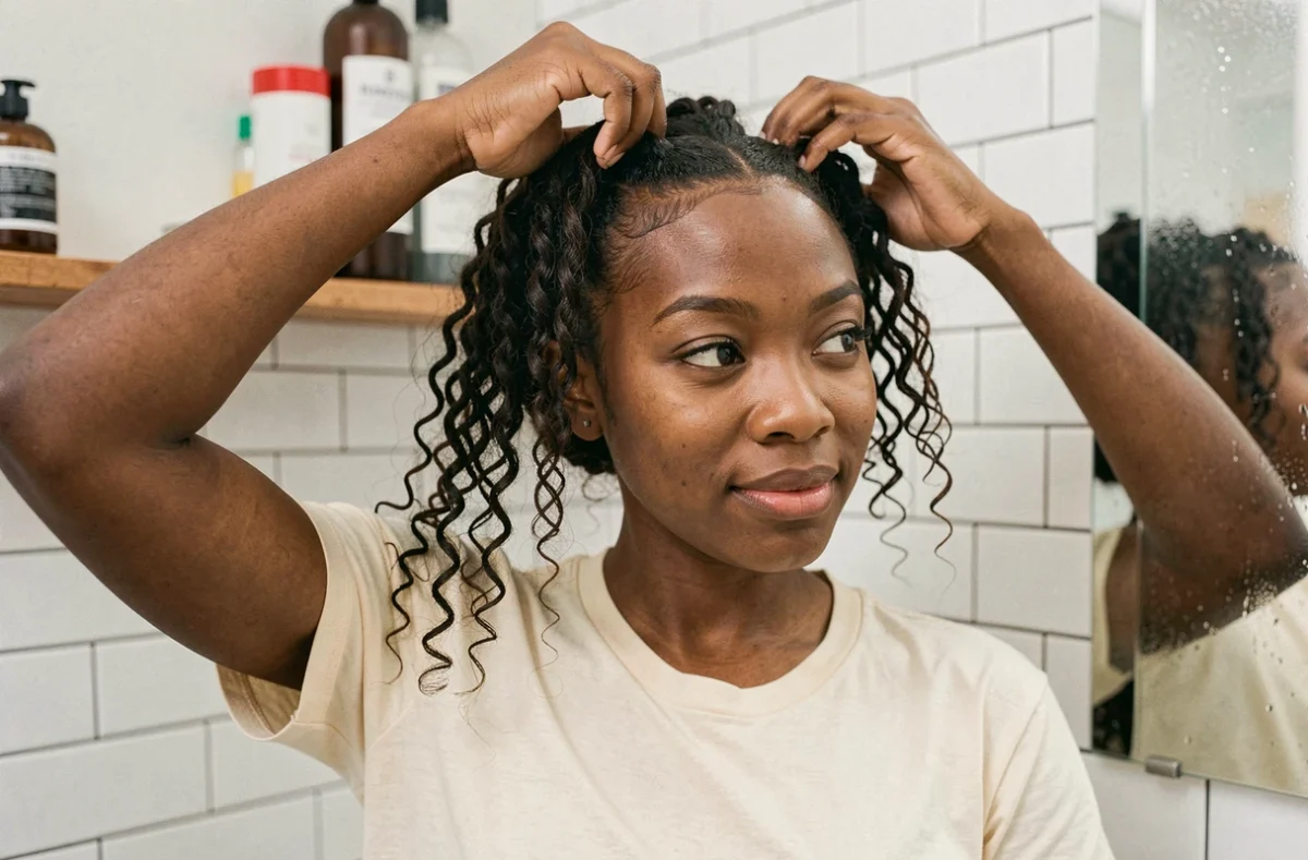 Femme aux cheveux bouclés naturels qui étire une boucle pour mesurer la pousse mensuelle des cheveux