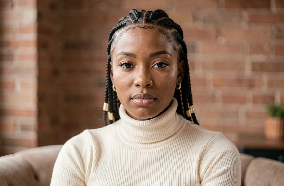 Femme portant des nattes collées géométriques avec des accessoires dorés, tendance coiffure afro 2026