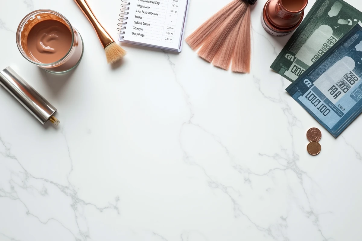 Flat-lay d'outils de coloration capillaire professionnels avec liste de prix et pièces euro sur marbre blanc, concept du coût d'une coloration chez le coiffeur