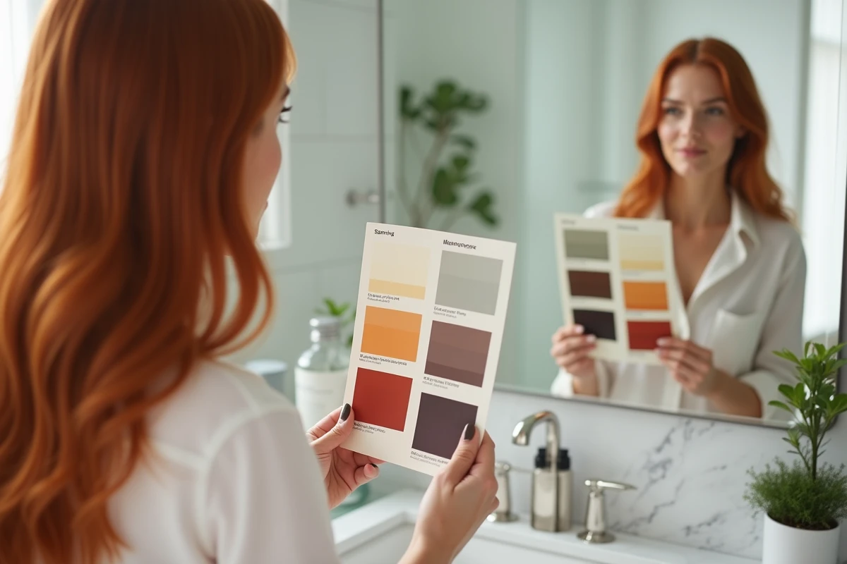 Femme rousse à peau claire comparant des palettes de colorimétrie saisonnière devant un miroir de salle de bain moderne