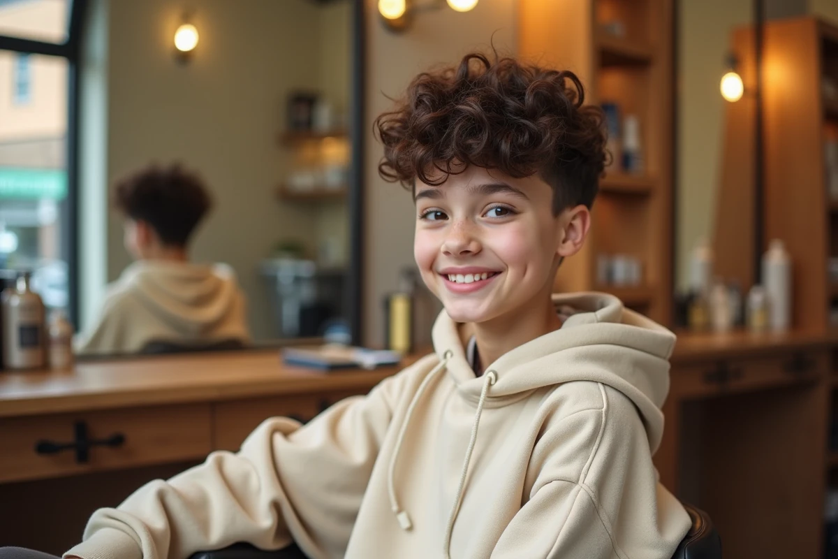 Adolescente avec une permanente garçon aux boucles courtes et définies, assise dans un salon de coiffure moderne