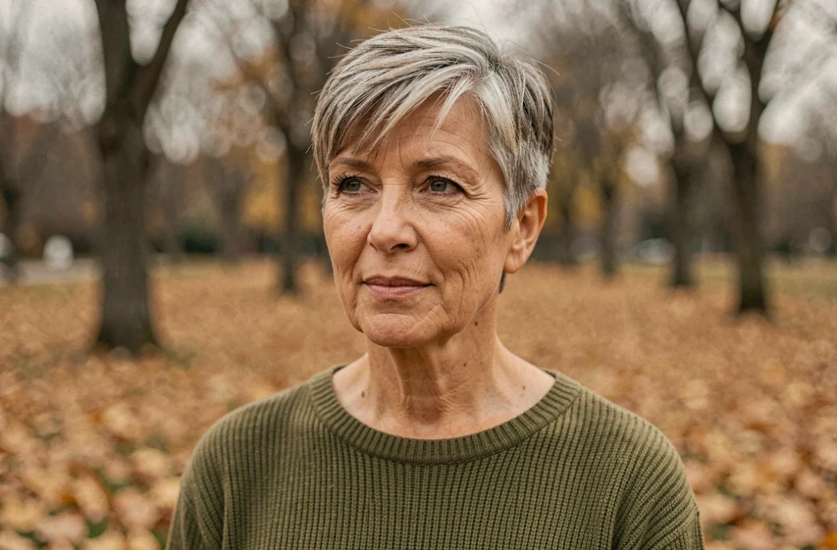 Femme de 60 ans aux cheveux courts poivre et sel en coupe pixie texturée dans un parc en automne, visage rond sublimé par la coiffure