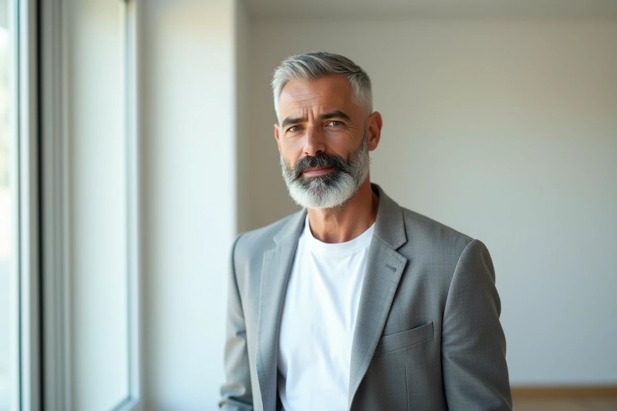 Portrait éditorial d'un homme avec dégradé blanc structuré et barbe pleine près d'une fenêtre minimaliste