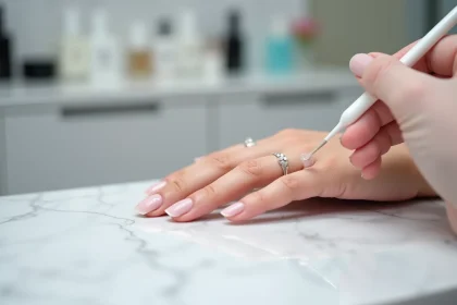 Gros plan sur une pose de gel sur ongle court avec une bulle d'air visible près de la cuticule, erreur courante à éviter