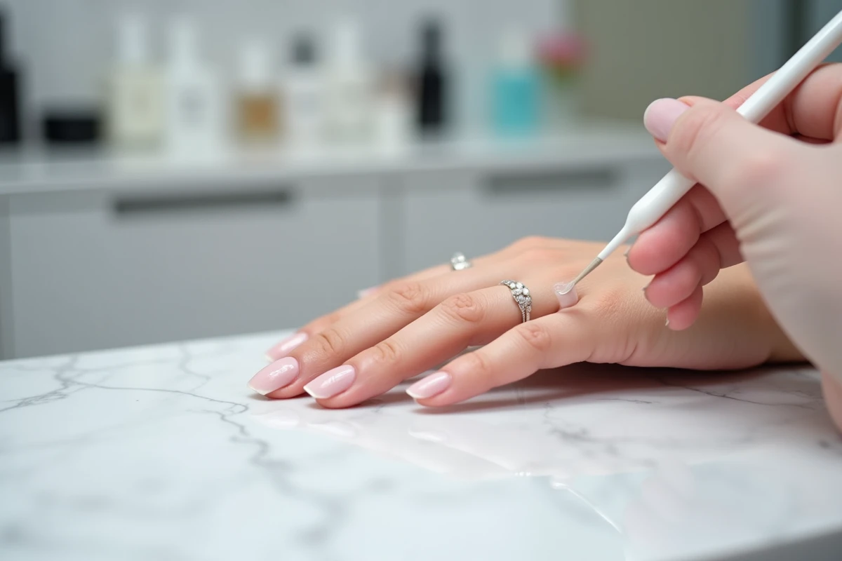Gros plan sur une pose de gel sur ongle court avec une bulle d'air visible près de la cuticule, erreur courante à éviter