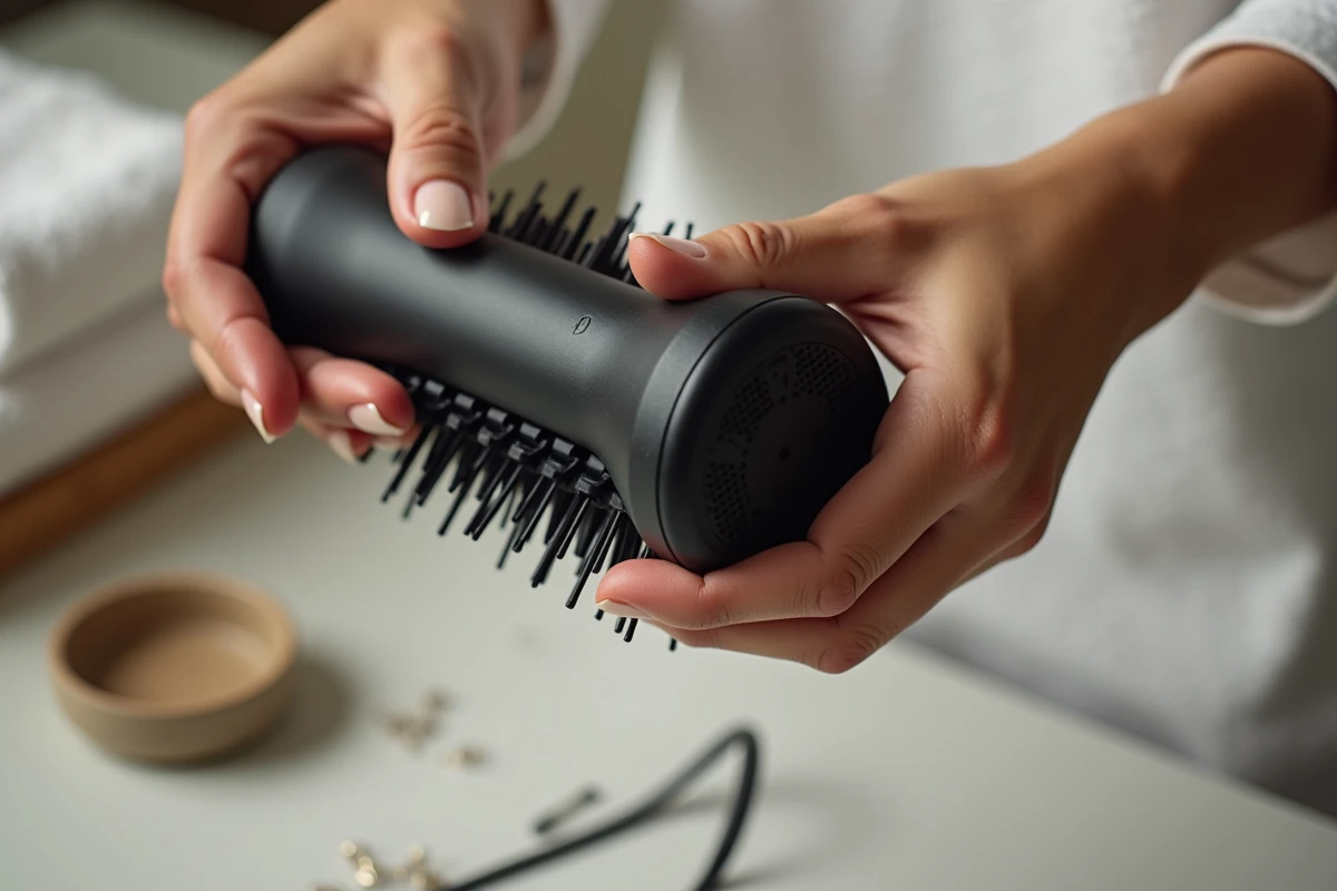 Gros plan sur la prise en main d'une brosse soufflante, détail poignée ergonomique et tête rotative