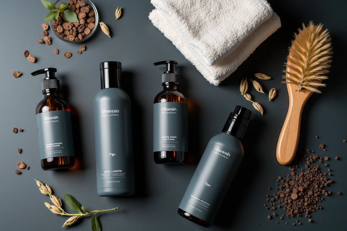 Gamme de produits Maxbarber 2026 présentée en flat lay avec textures naturelles et ingrédients botaniques