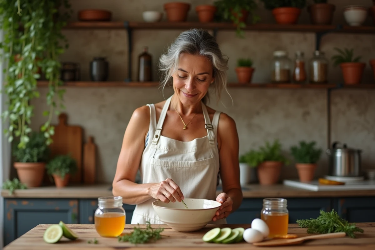 Femme préparant un masque naturel maison à base de miel et concombre pour raffermir la peau