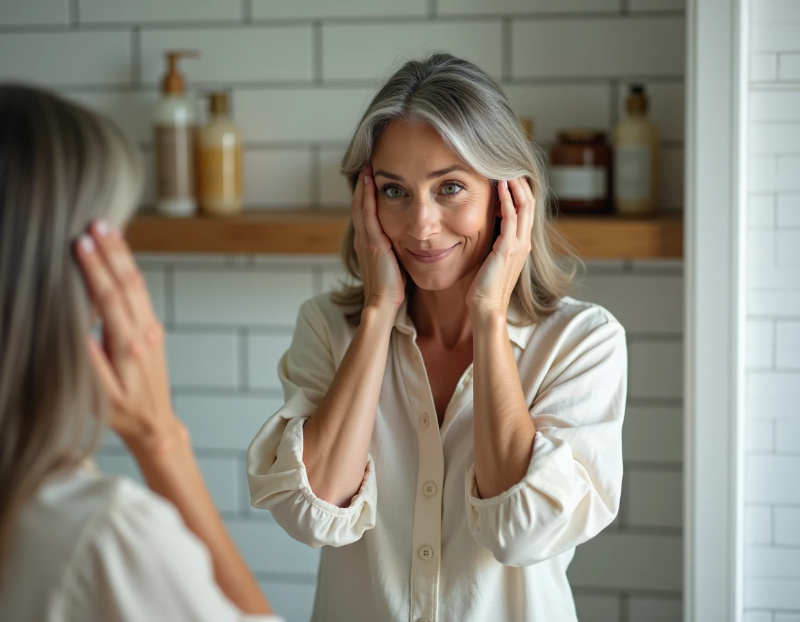 Femme examinant sa repousse gris blanc devant le miroir de salle de bain après un balayage maison