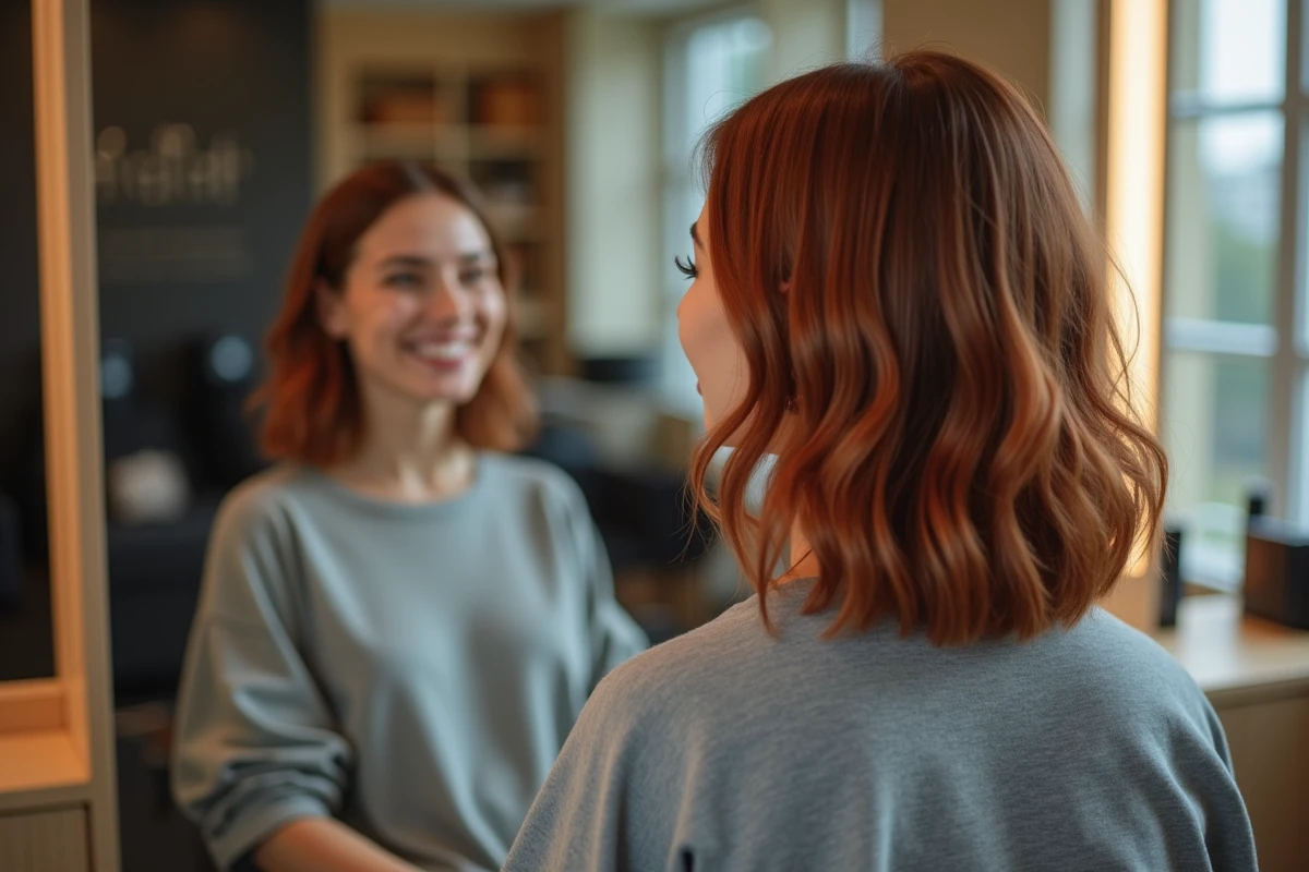 Jeune femme admirant sa nouvelle coloration châtain dans le miroir d'un salon de coiffure, résultat d'une coloration à prix abordable
