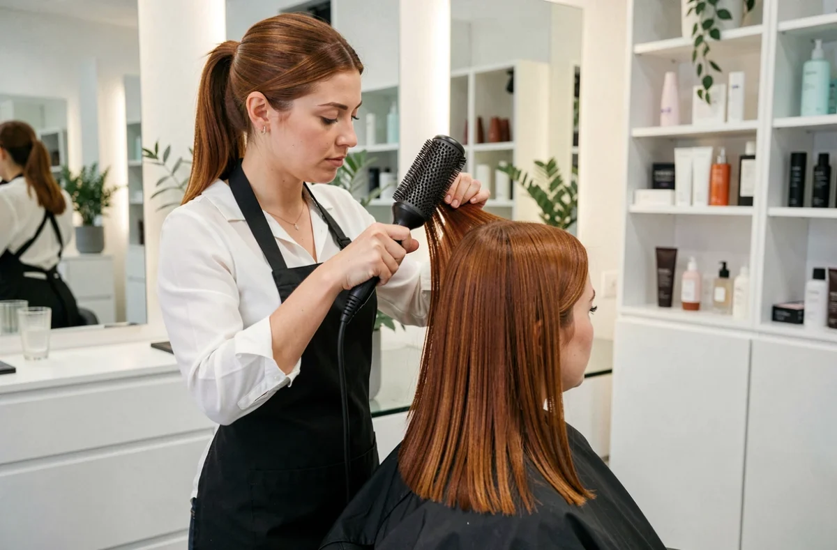 Coiffeuse professionnelle soufflant et coiffant les cheveux d'une cliente au salon Romy Ferreir à Cergy