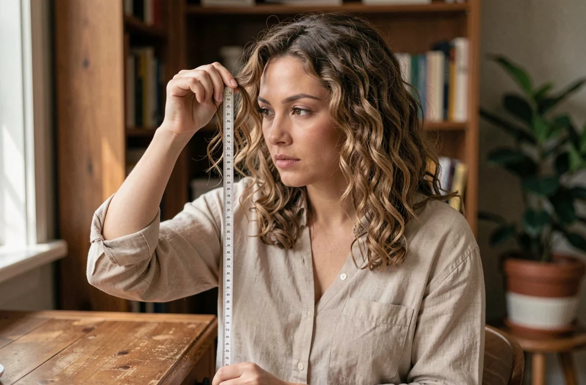 Femme aux cheveux bouclés châtains mesurant la croissance mensuelle d'une boucle avec un centimètre ruban