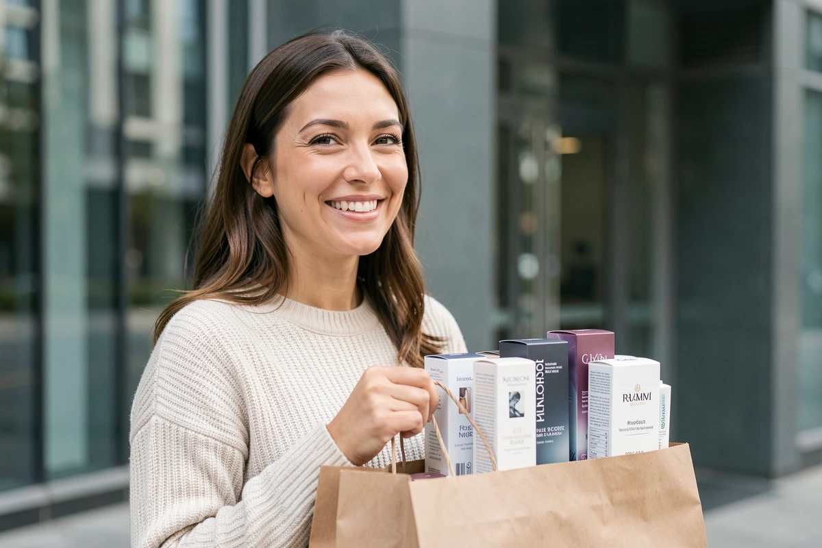 Salariée tenant des produits achetés lors de la vente au personnel L'Oréal devant un bâtiment d'entreprise