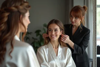 Femme souriante en robe blanche dans un salon lyonnais