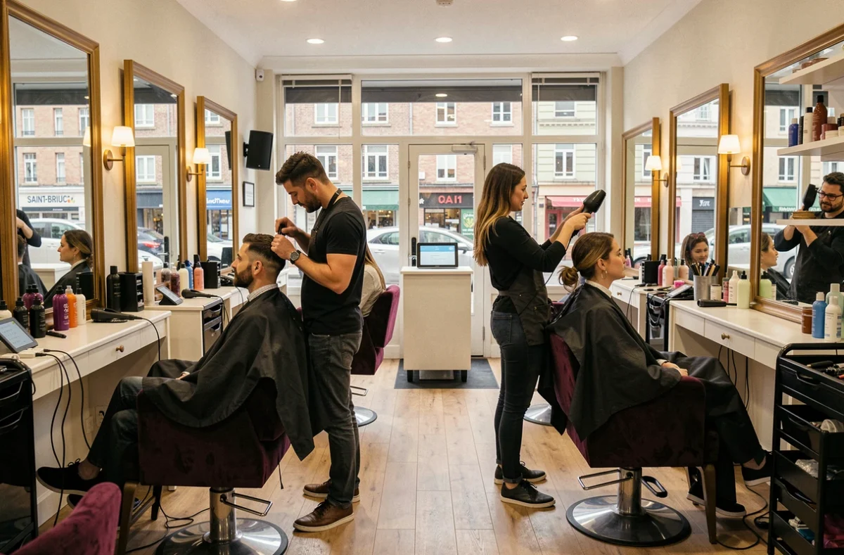 Salon mixte animé avec clients hommes et femmes en plein cœur de Saint-Brieuc au Salon des Promenades