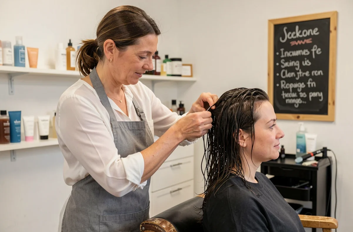 Coiffeuse réalisant une coupe inclusive dans un salon de socio-coiffure près de Saint-Brieuc