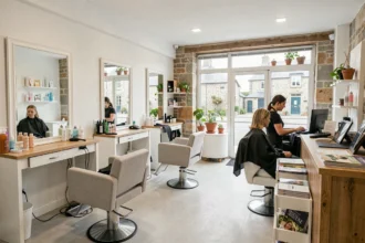 Vue d'ensemble d'un salon de coiffure breton moderne et chaleureux avec plusieurs postes de coiffage et une décorationbois et pierre