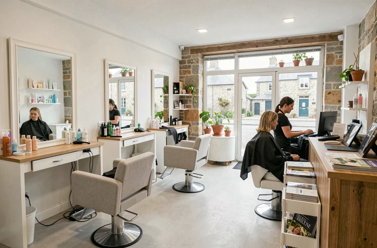 Vue d'ensemble d'un salon de coiffure breton moderne et chaleureux avec plusieurs postes de coiffage et une décorationbois et pierre