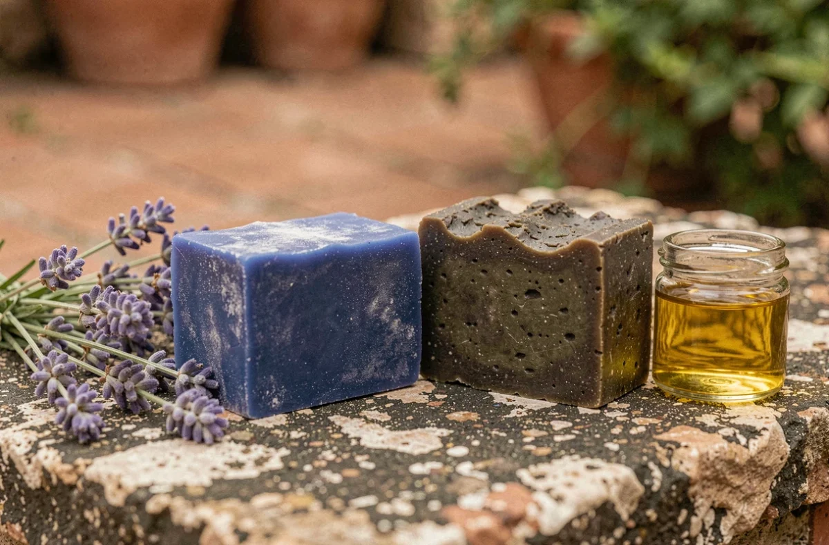 Savon Nila bleu et savon noir artisanaux posés sur pierre naturelle avec lavande et huile d'argan