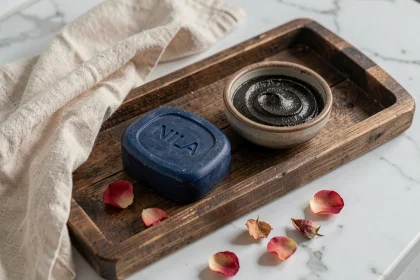 Savon Nila bleu et savon noir disposés sur un plateau en bois avec une serviette en lin sur marbre blanc