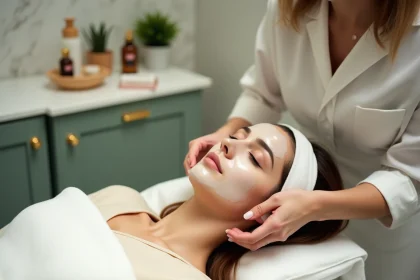 Soin du visage dans un institut de beauté parisien élégant avec décor en marbre et ambiance zen