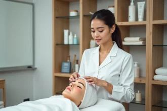 Femme en uniforme blanc pratiquant un massage facial