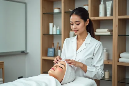 Femme en uniforme blanc pratiquant un massage facial