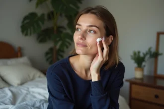 Femme appliquant crème visage dans un cadre naturel