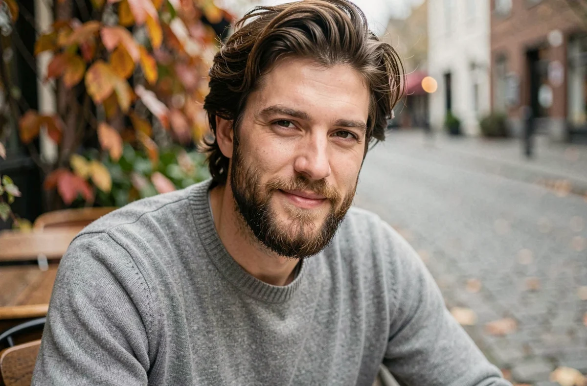Homme barbu aux cheveux mi-longs assis en terrasse de café en automne avec style décontracté