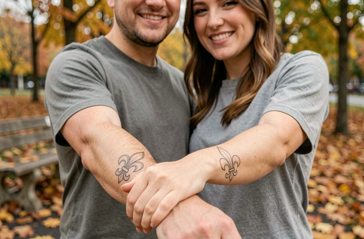 Couple montrant leurs tatouages fleur de lys assortis sur les avant-bras dans un parc en automne