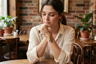Jeune femme contemplant son tatouage fleur de lys sur le poignet dans un café parisien
