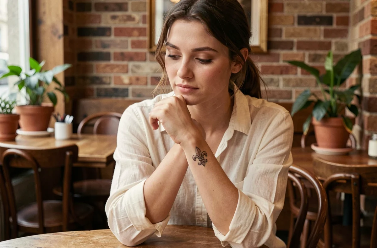 Jeune femme contemplant son tatouage fleur de lys sur le poignet dans un café parisien