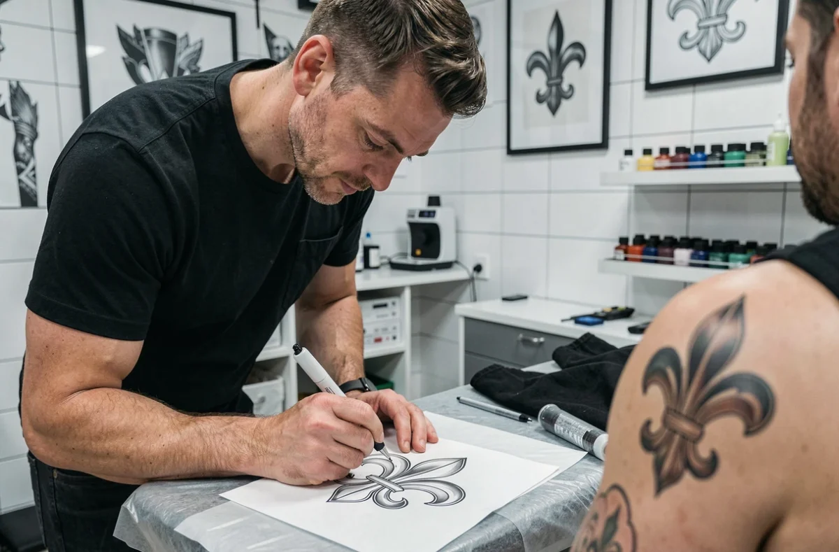 Tatoueur professionnel finalisant un dessin de fleur de lys en studio de tatouage