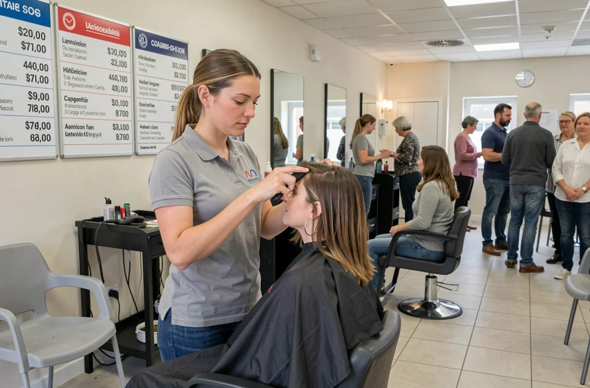 Coiffeuse réalisant une coupe à petit prix dans le salon Tchip Coiffure de Lannion dans le Trégor