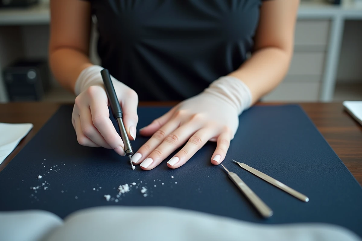 Technicienne en manucure limage la surface d'un gel sur ongle court, correction d'une pose irrégulière en salon professionnel