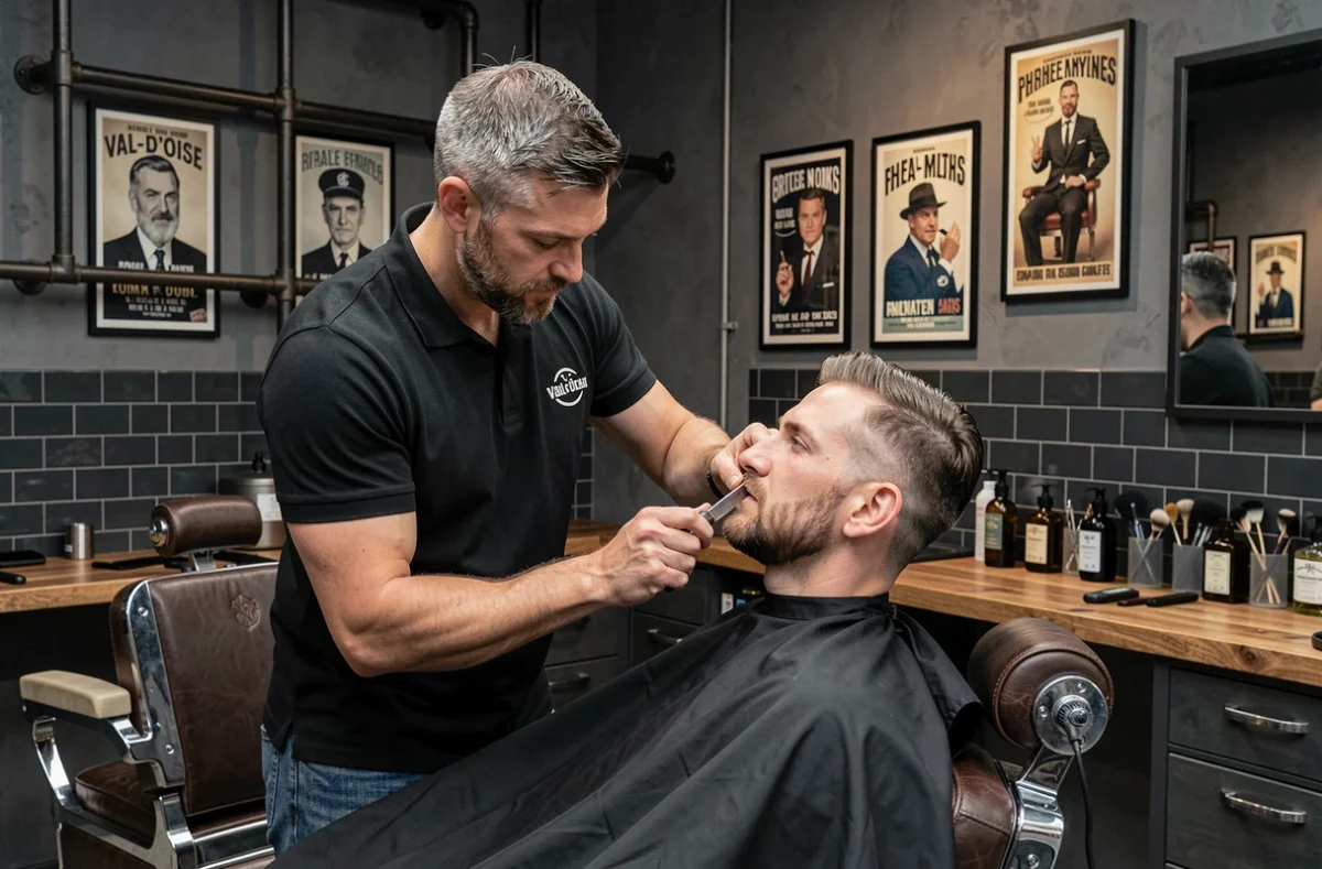 Barbier utilisant un rasoir droit pour tracer une nuque nette chez The Barber Company dans le Val-d'Oise