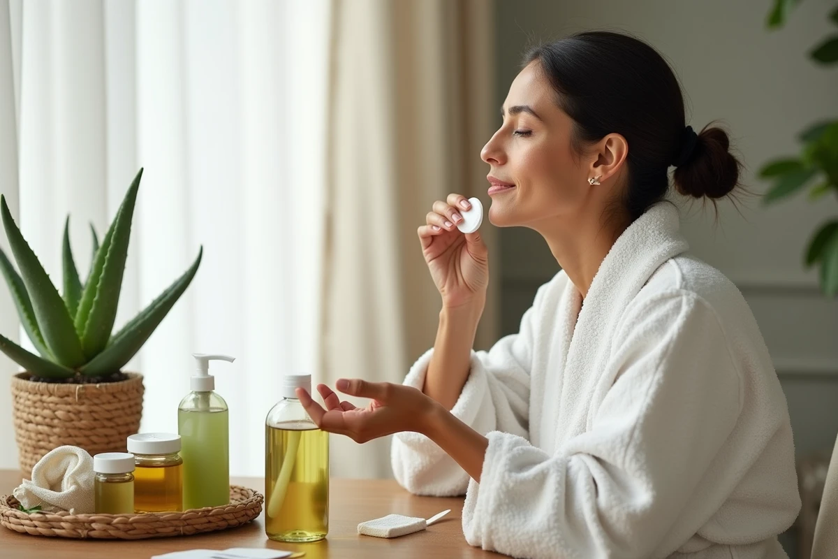 Femme appliquant un tonique naturel fait maison à base d'aloe vera et thé vert pour raffermir et revitaliser la peau du visage