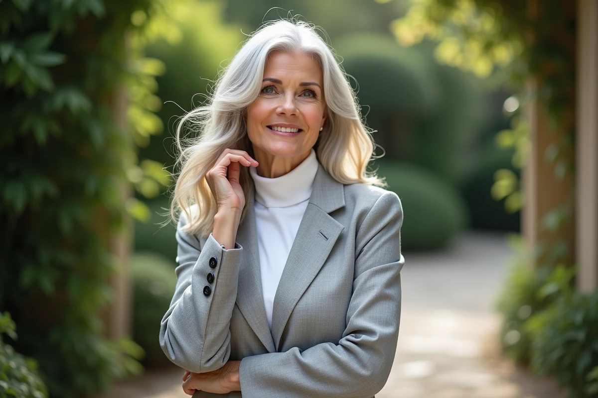 Femme élégante de 65 à 70 ans avec cheveux blancs ondulés dans un jardin botanique, style naturel et chic