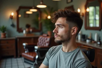 Homme en phase de transition capillaire entre coiffure courte et mi-longue, assis dans un fauteuil de barbier face au miroir