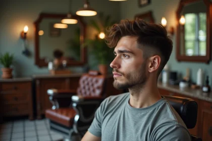 Homme en phase de transition capillaire entre coiffure courte et mi-longue, assis dans un fauteuil de barbier face au miroir