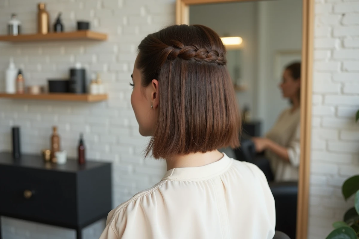 Femme aux cheveux courts avec une tresse sur carré plongeant dans un salon de coiffure parisien