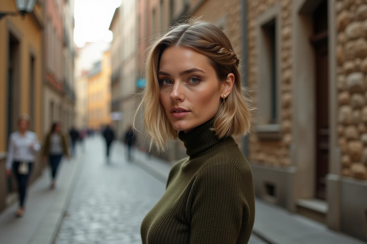 Femme avec une tresse fishtail intégrée dans un carré plongeant photographiée dans une rue pavée en automne