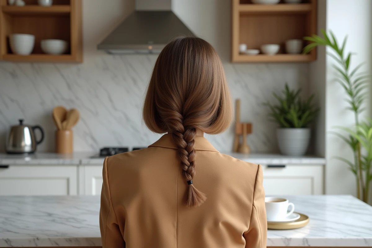 Femme de dos avec une petite tresse hollandaise sur un carré plongeant dans un intérieur scandinave moderne
