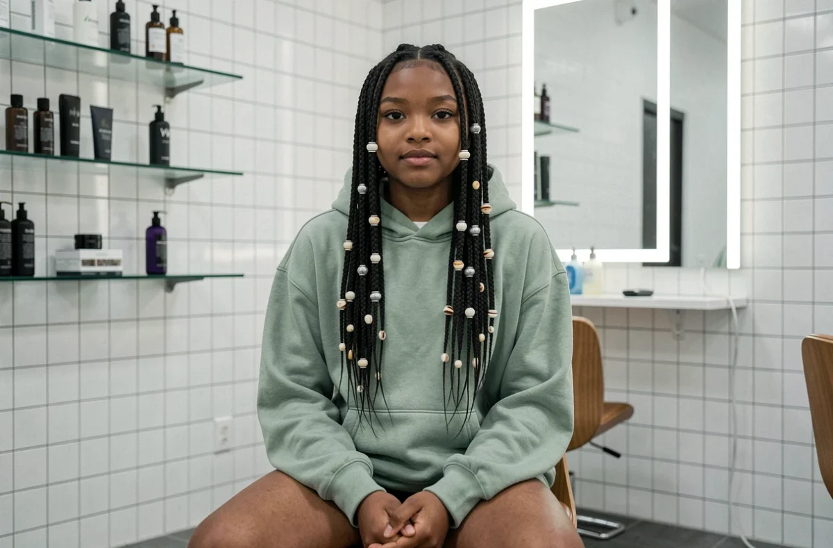 Adolescente avec tresses nattes collées ornées d'anneaux argentés dans un salon de coiffure moderne, tendance afro 2026
