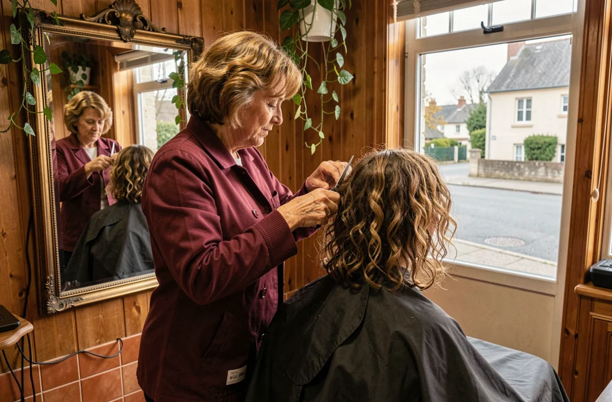 Coiffeuse coupant les cheveux bouclés d'une cliente au salon Val Tif à Saint-Leu-la-Forêt