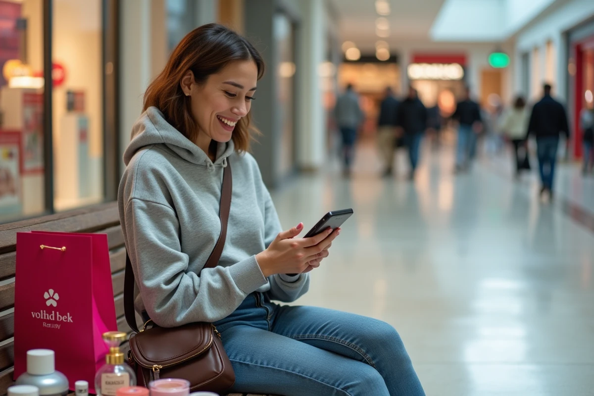 Voyageuse vérifiant ses achats beauté Ulta Beauty posés sur un banc dans un centre commercial